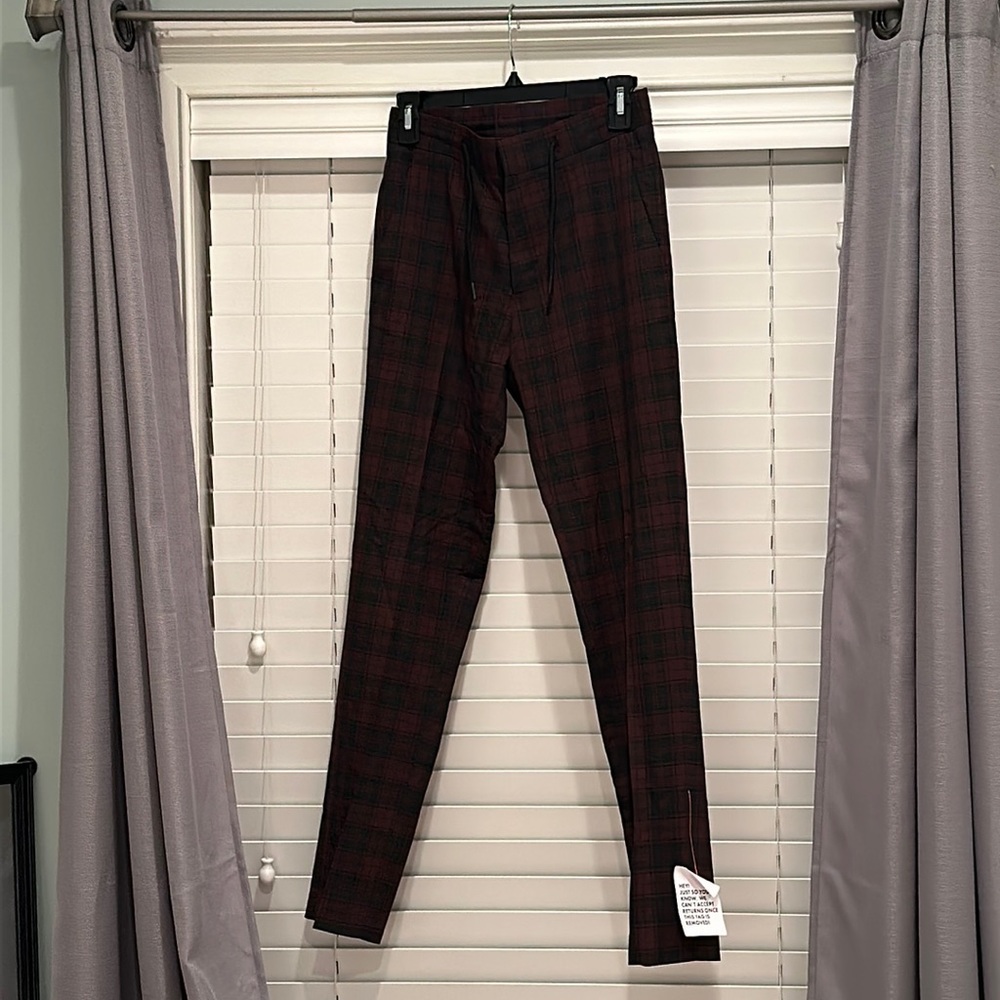 ASOS burgundy plaid skinny smart pants with drawstring